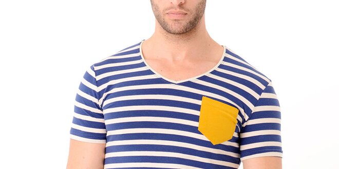 Pánske modro-béžové pruhované tričko s žltou kapsou Wessi