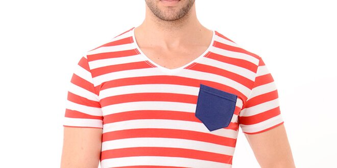 Pánske červeno-biele pruhované tričko s modrou kapsou Wessi