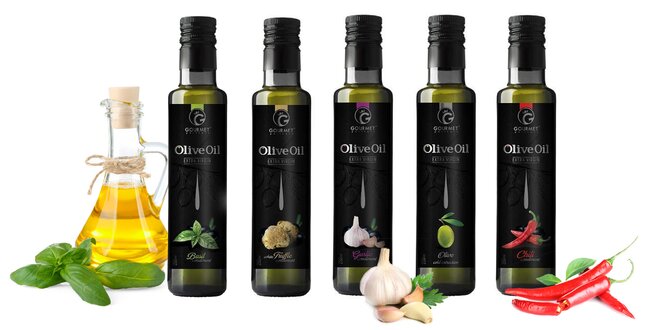 Extra panenské olivové oleje rôznych príchutí