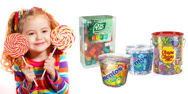 Veľké boxy cukroviniek Mentos, Merci i Chupa Chups