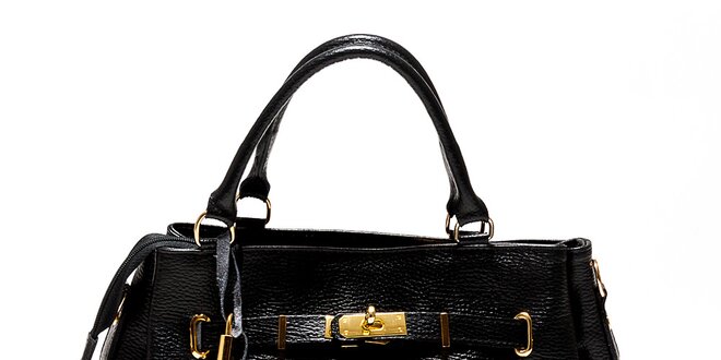 Dámska čierna kožená kabelka so zlatým zámčekom Sonia Ricci