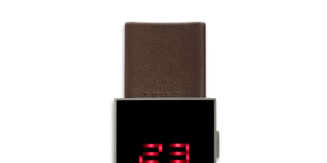 Čierne hranaté digitálne hodinky 666 Barcelona s hnedým remienkom