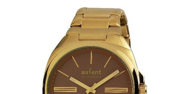 Pánske pozlátené oceľové hodinky s hnedým gulatým analogovým ciferníkom Axcent