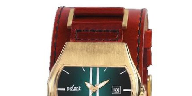Pozlátené oceľové hodinky s hnedým koženým remienkom Axcent