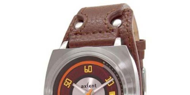 Oceľové hodinky s hnedým koženým páskom Axcent