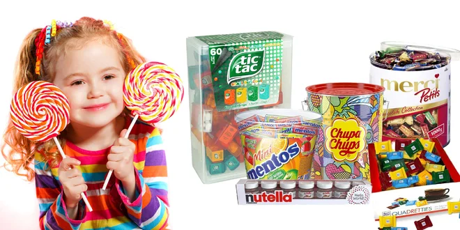 Veľké boxy cukroviniek Merci, Nutella, Tic Tac a iné