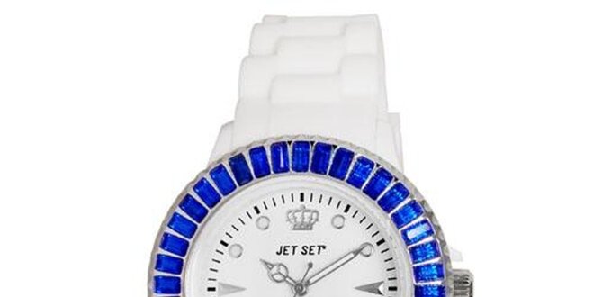 Biele športové hodinky s modro orámovaným ciferníkom Jet Set