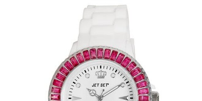 Biele športové hodinky s ružovo orámovaným ciferníkom Jet Set