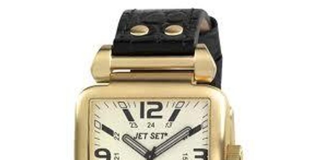 Zlaté hranaté hodinky s čiernym koženým páskom Jet Set