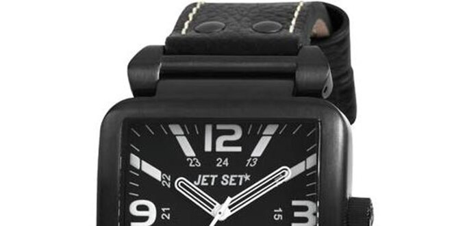 Čierne hranaté hodinky s čiernym koženým páskom Jet Set