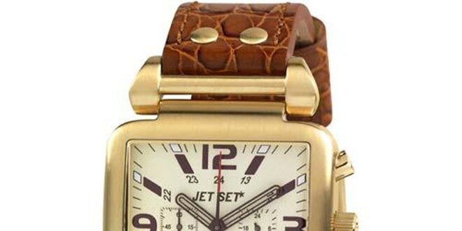 Zlaté hranaté hodinky s hnedým koženým páskom Jet Set