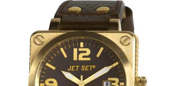 Zlaté oceľové hodinky Jet Set s čiernym koženým remienkom
