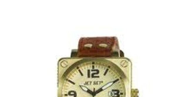 Zlaté oceľové hodinky Jet Set s hnedým koženým remienkom