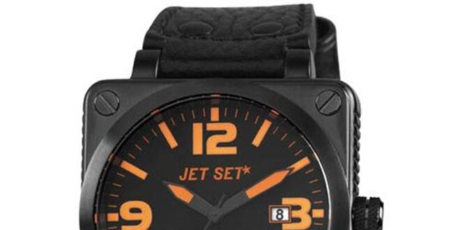 Čierne oceľové hodinky Jet Set s koženým remienkom a oranžovými číslicami