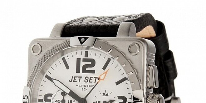 Oceľové hodinky Jet Set s čiernym koženým remienkom
