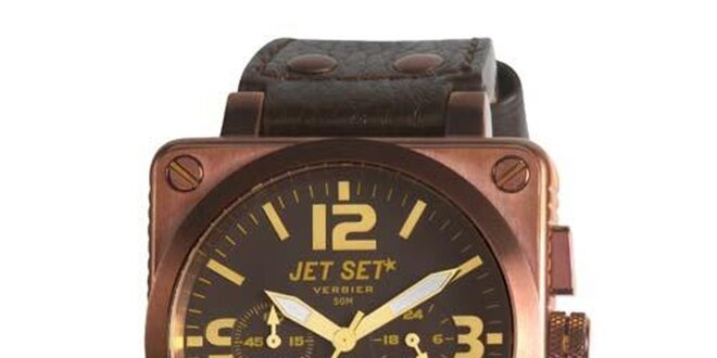Bronzové oceľové hodinky Jet Set s koženým remienkom