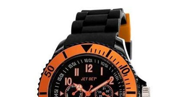 Čierne plastové hodinky s oranžovo lemovaným ciferníkom Jet Set