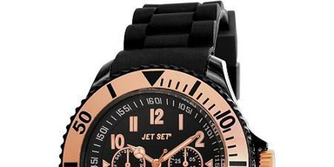 Čierne plastové hodinky s bronzovo lemovaným ciferníkom Jet Set
