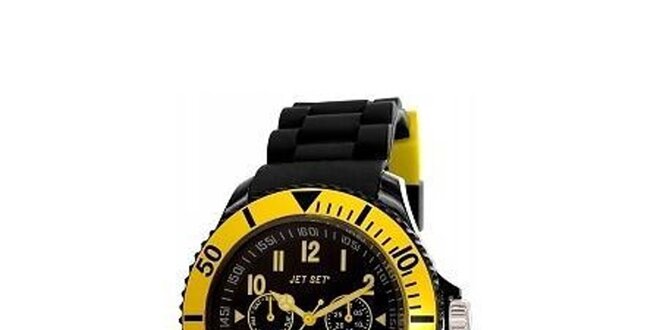 Čierne plastové hodinky so žlto lemovaným ciferníkom Jet Set