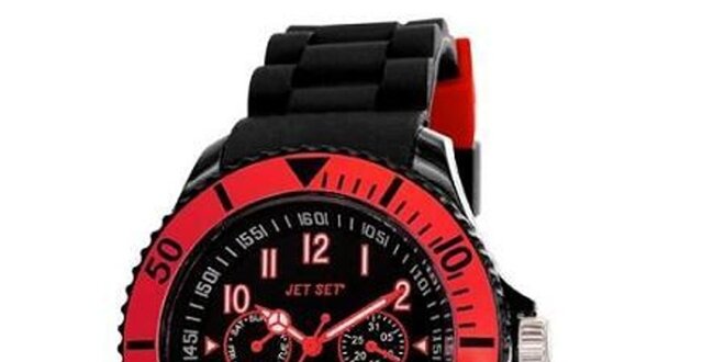 Čierne plastové hodinky s červeno lemovaným ciferníkom Jet Set
