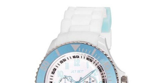 Biele plastové hodinky s modro lemovaným ciferníkom Jet Set