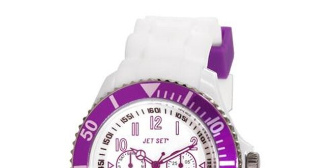 Biele plastové hodinky s fialovo lemovaným ciferníkom Jet Set