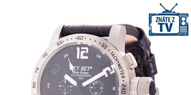 Pánske oceľové hodinky Jet Set s čiernym koženým remienkom