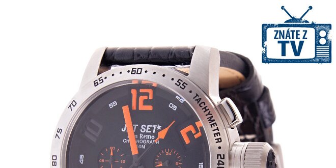 Pánske oceľové hodinky Jet Set s čiernym koženým remienkom a oranžovými indexmi