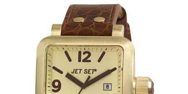Hnedo-zlaté hranaté analógové hodinky Jet Set
