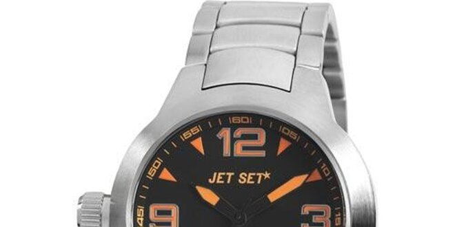 Strieborné analogové hodinky Jet Set s oranžovými detailmi