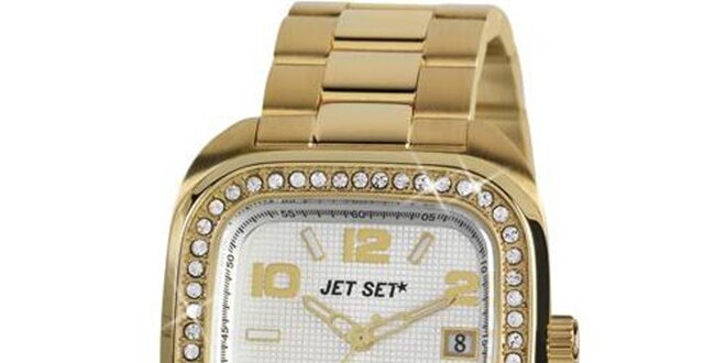 Dámske zlaté analogové hodinky osadené kryštáľmi Jet Set