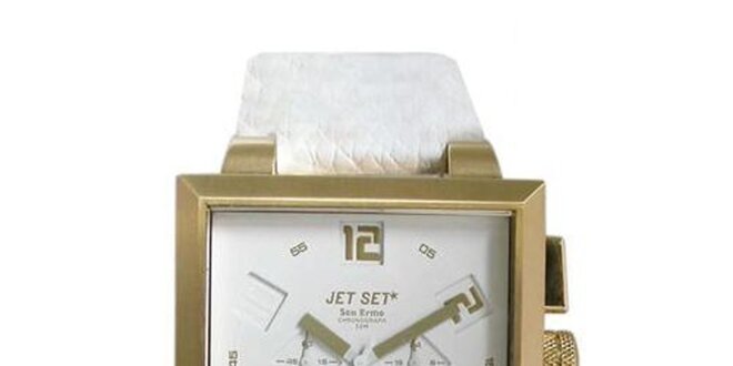 Bielo-zlaté analogové hodinky s hranatým ciferníkom Jet Set