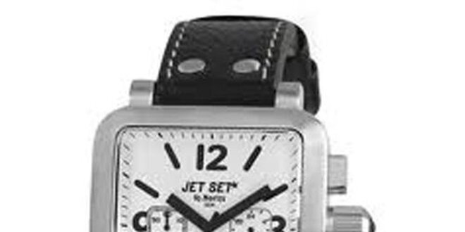 Pánske strieborno-čierne analógové hranaté hodinky Jet Set s koženým remienkom