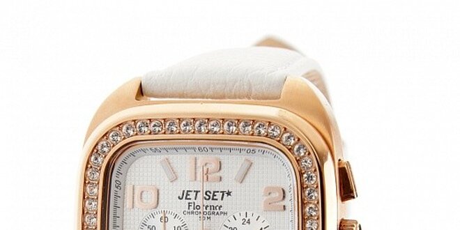 Dámske zlaté hodinky Jet Set s kamienkami a bielym koženým remienkom