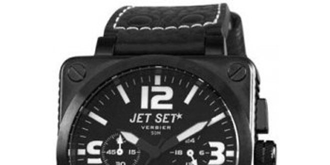 Čierne oceľové hodinky Jet Set s čiernym koženým remienkom