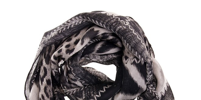 Dámska čierno-strieborná hodvábna šatka Roberto Cavalli so zvieracím vzorom