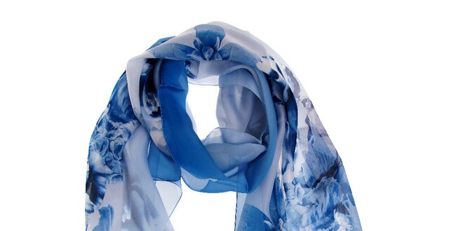 Dámsky modro-biely hodvábny šál Roberto Cavalli s potlačou