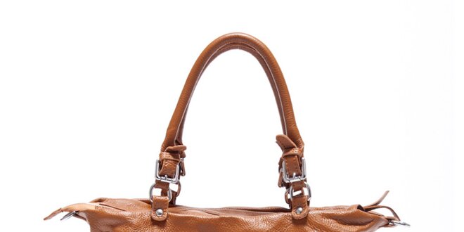 Dámska koňaková kožená kabelka s ozdobnými páskami Carla Ferreri