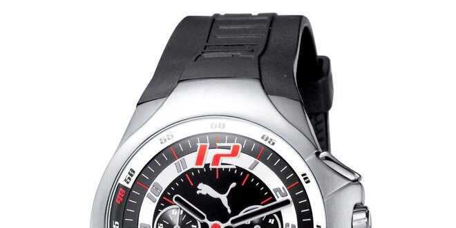 Pánske oceľové hodinky s čiernym gumovým remienkom Puma