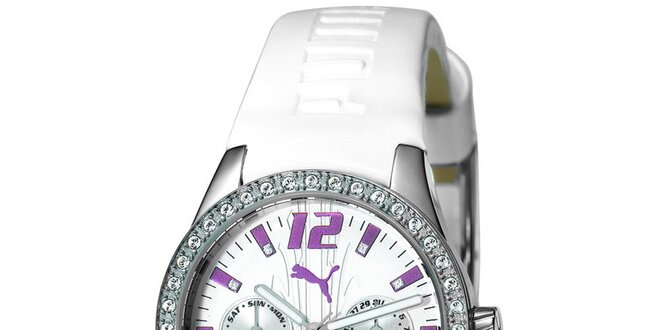 Dámske biele analogové hodinky s fialovými detailmi Puma