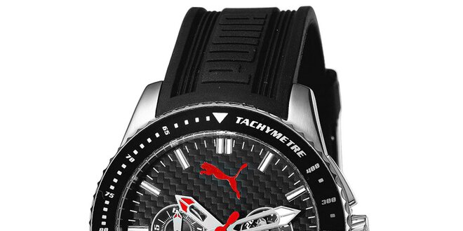 Pánske hodinky s čiernym remienkom a tachymetrom Puma