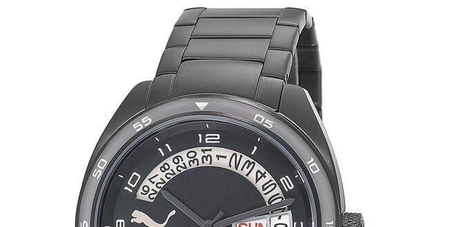 Pánske čierne oceľové hodinky s bielymi číslicami Puma