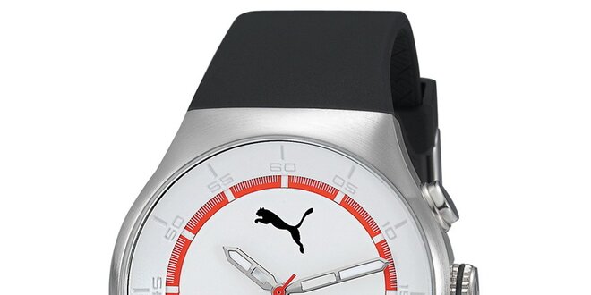 Pánske strieborné hodinky s červeným prúžkom a chronografom Puma