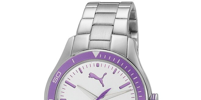 Dámske oceľové hodinky s fialovými detailmi Puma