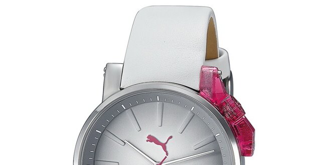 Dámske strieborno-biele hodinky s ružovými detailmi Puma