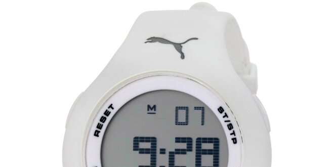 Biele digitálne hodinky s gumovým remienkom Puma