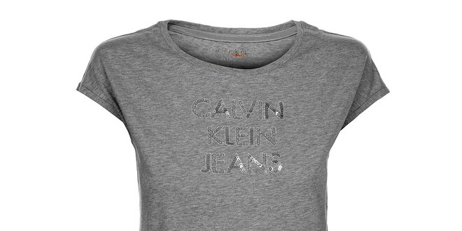 Dámske svetlo šedé melírované tričko Calvin Klein s flitrami a korálkami