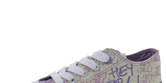 Dievčenské látkové béžovo-fialové tenisky Beppi s nápisom