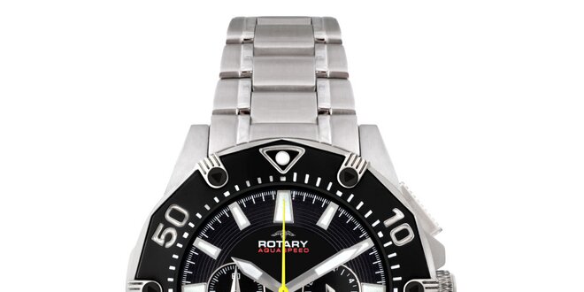 Pánske strieborné hodinky s čiernym ciferníkom a chronografom Rotary