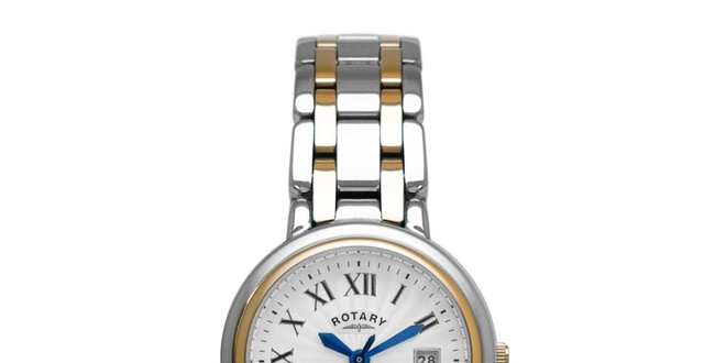 Dámske oceľové strieborno-zlaté hodinky Rotary s modrými ručičkami